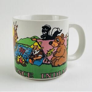 Vintage Indiana Camping Coffee Mug Deer Bear Owl Fire Skunk Tent Fox 1980s Cute
